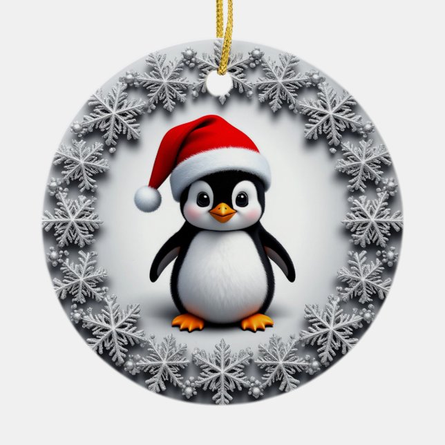 Ornamento De Cerâmica Pinguim bonitinho no Natal Flocos de neve festivos (Frente)