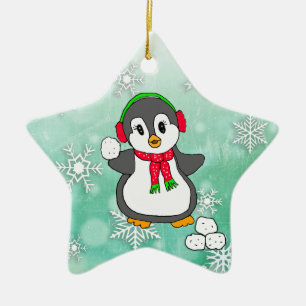 Ornamento De Cerâmica Pinguim Bonito Jogando bolas de neve no Natal