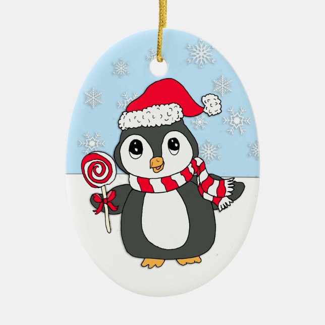 Ornamento De Cerâmica Pinguim branco bonito com pirulito personalizado (Frente)