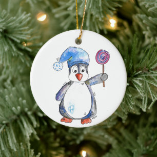 Ornamento De Cerâmica Pinguim Caprichoso Fofo com um Pirulito
