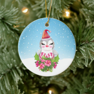 Ornamento De Cerâmica Pinguim de Natal bonito em Papai Noel
