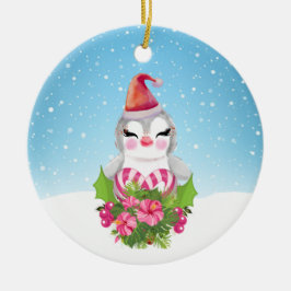 Ornamento De Cerâmica Pinguim de Natal bonito em Santa Hat
