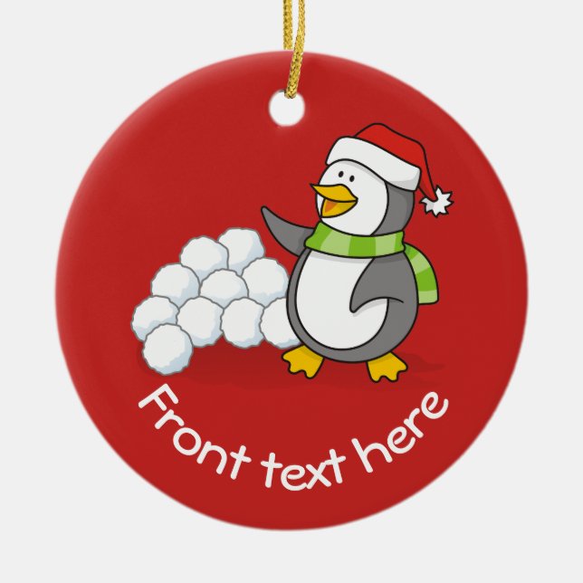 Ornamento De Cerâmica Pinguim de Natal com bolas de neve balançando (Frente)