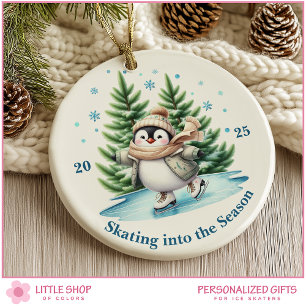 Ornamento De Cerâmica Pinguim de Patinação no Gelo em Aquarela Personali