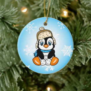 Ornamento De Cerâmica Pinguim desenhado com Mão Adorável com bolas de ne