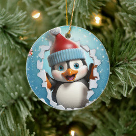 Ornamento De Cerâmica Pinguim feliz desfrutando o inverno.