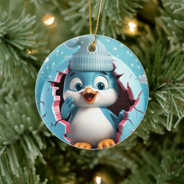 Ornamento De Cerâmica Pinguim feliz. Imagem com tema de Natal. (Árvore)
