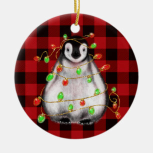 Ornamento De Cerâmica Pinguim Festivo Feriado, luzes verdes avermelhadas