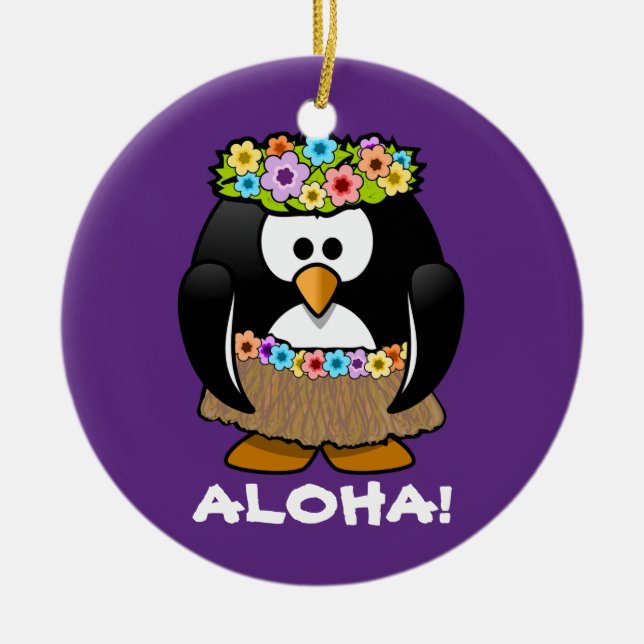 Ornamento De Cerâmica Pinguim Havaiano Tropical Hula (Frente)