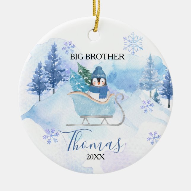 Ornamento De Cerâmica Pinguim Inverno Flocos de Neve Big Brother Natal (Frente)