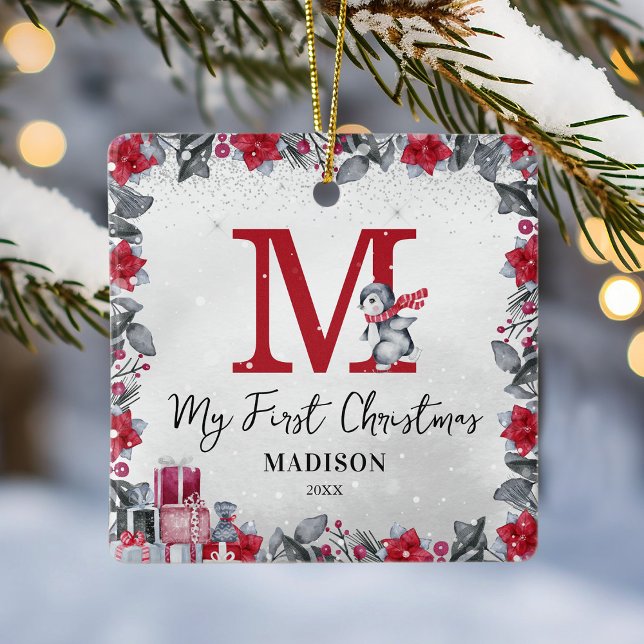 Ornamento De Cerâmica Pinguim Monograma Baby Stats Primeiro Natal (Criador carregado)