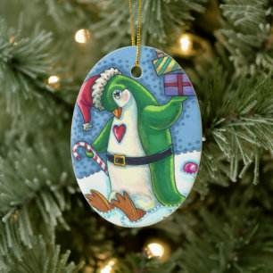 ORNAMENTO DE CERÂMICA PINGUIM NATAL CUTO VESTIDO EM VERDE, FERIADO