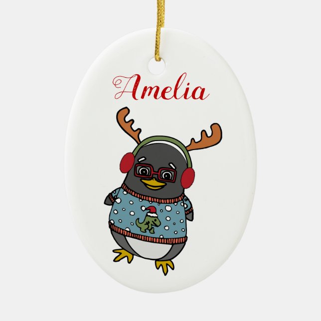 Ornamento De Cerâmica Pinguim Nerd | Nome personalizado Natal (Frente)