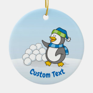 Ornamento De Cerâmica Pinguim pequeno com bolas de neve acenando