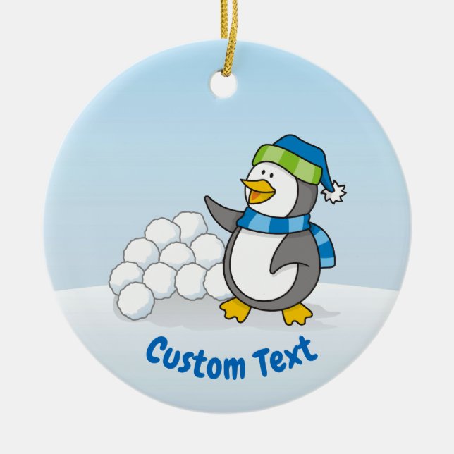 Ornamento De Cerâmica Pinguim pequeno com bolas de neve acenando (Frente)