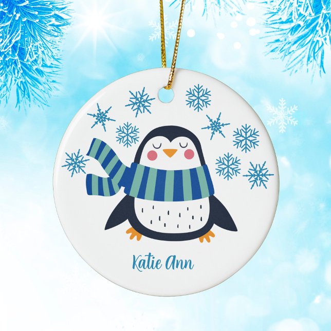 Ornamento De Cerâmica Pinguim Personalizado Bonito Floco de Neve Azul Fl (Criador carregado)