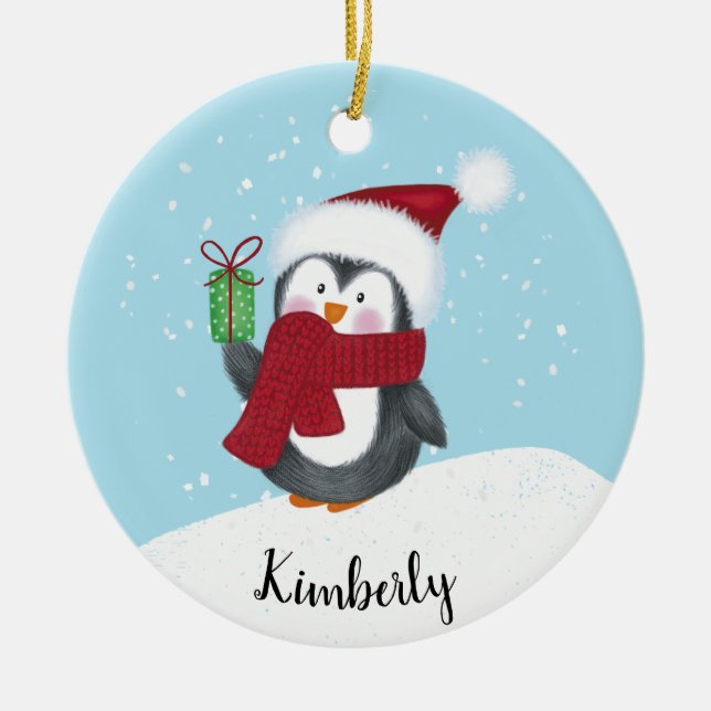 Ornamento De Cerâmica Pinguim Personalizado Bonito Natal (Frente)