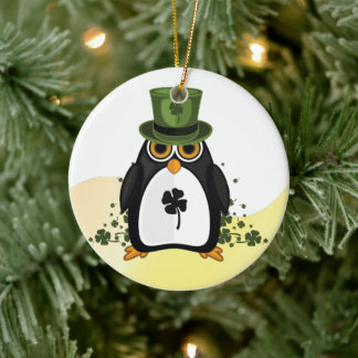 Ornamento De Cerâmica Pinguim Sortudo Dia de São Patrício Trevo Irlandês