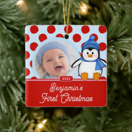 Ornamento De Cerâmica Pinguin Baby's First Christmas Photo Ornament