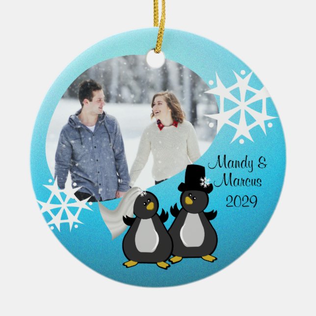 Ornamento De Cerâmica Pinguin Wedding Christmas (Frente)
