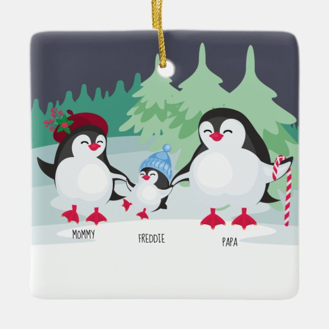 Ornamento De Cerâmica Pinguins Cons com Nomes para Família de 3 (Frente)