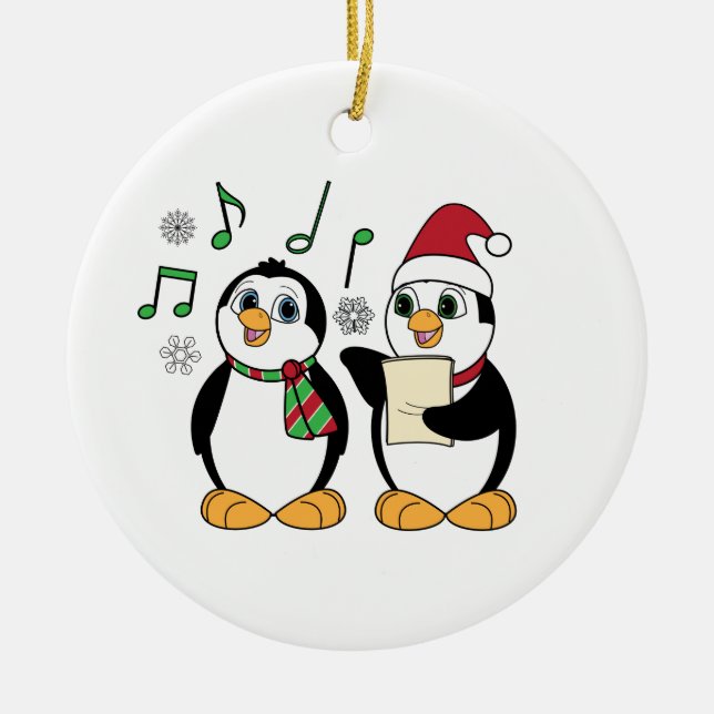Ornamento De Cerâmica Pinguins de Caroling na neve (Frente)