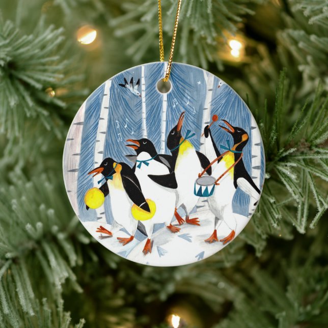 Ornamento De Cerâmica Pinguins de música azul-branca crianças Natal (Árvore)