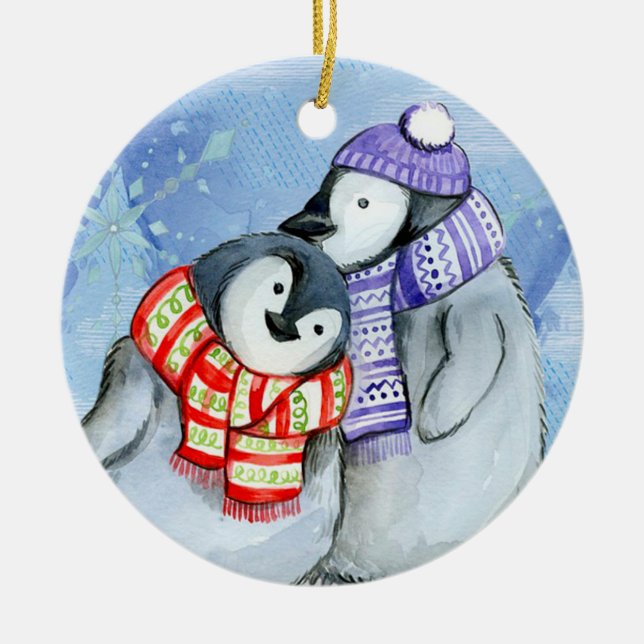 Ornamento De Cerâmica Pinguins de Natal (Frente)