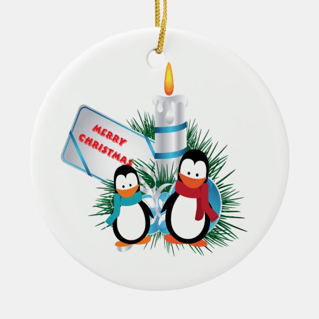 Ornamento De Cerâmica Pinguins e costume de Natal de vela (Frente)