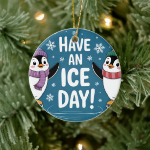 Ornamento De Cerâmica Pinguins Fofos Patinando Cartoon, Tenha um Dia de