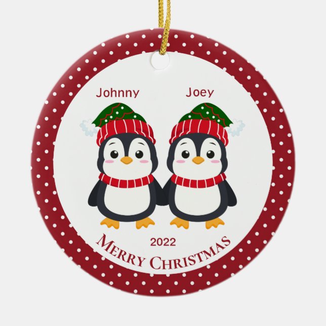 Ornamento De Cerâmica Pinguins gêmeos brancos personalizados (Frente)