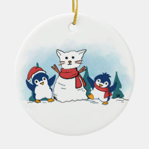Ornamento De Cerâmica Pinguins nevados construindo um Gato de Neve de Na