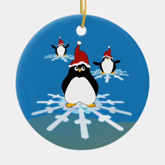 Ornamento De Cerâmica Pinguins voando em floco de neve (Frente)