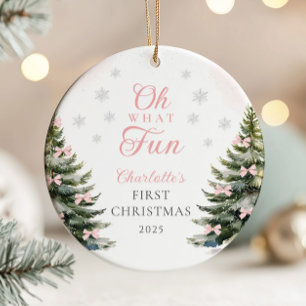 Ornamento De Cerâmica Pinheiro com Laço Rosa Primeiro Natal do Bebê