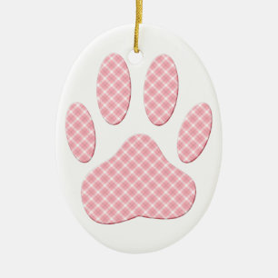 Ornamento De Cerâmica Pink And White Tartan Dog Paw Print
