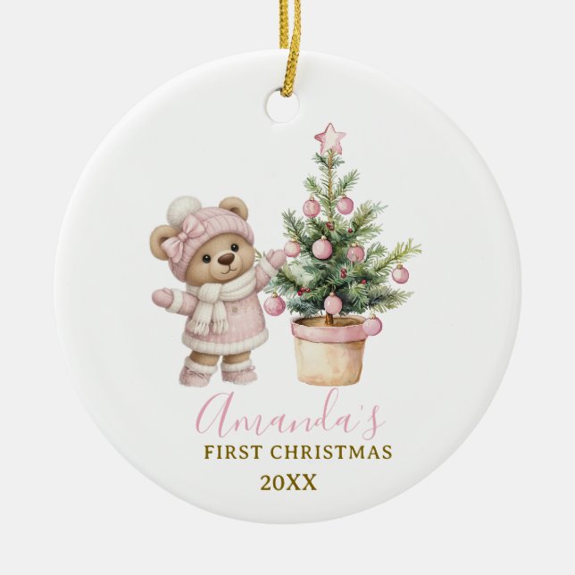Ornamento De Cerâmica Pink Baby Bear First Christmas Keepsake (Frente)