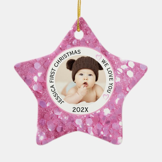 Ornamento De Cerâmica Pink Baby Girl First Christmas Name Photo (Frente)