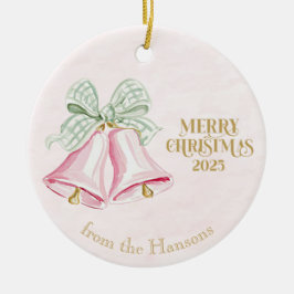 Ornamento De Cerâmica Pink Bells with Green Gingham Coquette Bows