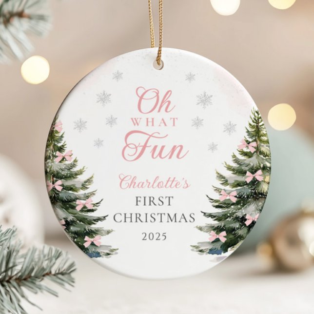 Ornamento De Cerâmica Pink Bow Pine Tree Baby's First Christmas (Criador carregado)