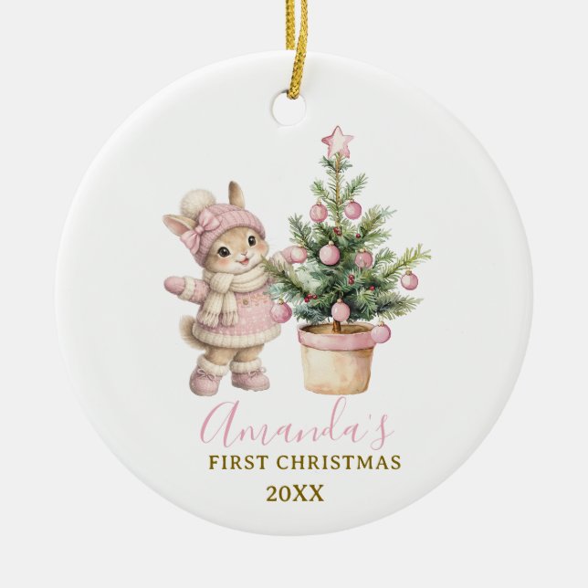 Ornamento De Cerâmica Pink Bunny Girl Rabbit First Christmas Keepsake (Frente)