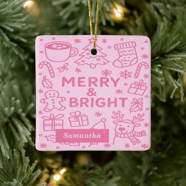 Ornamento De Cerâmica Pink Christmas Doodle | Feliz e Brilho (Árvore)