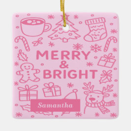Ornamento De Cerâmica Pink Christmas Doodle | Feliz e Brilho