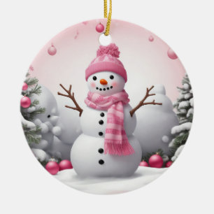 Ornamento De Cerâmica Pink Christmas Snowman