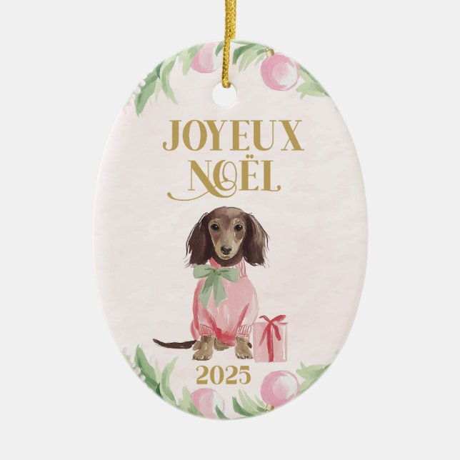 Ornamento De Cerâmica Pink Dachshund Joyeux Noël (Frente)