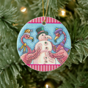 ORNAMENTO DE CERÂMICA PINK FLAMINGO SNOWMAN, AVES DE NATAL ENGRAÇADAS