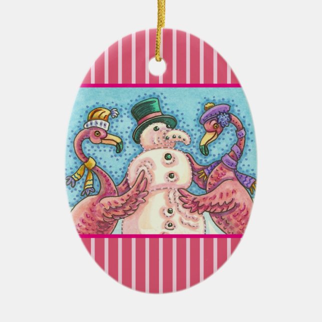 ORNAMENTO DE CERÂMICA PINK FLAMINGO SNOWMAN, CHRISTMAS HOLIDAY ORNAMENT (Frente)