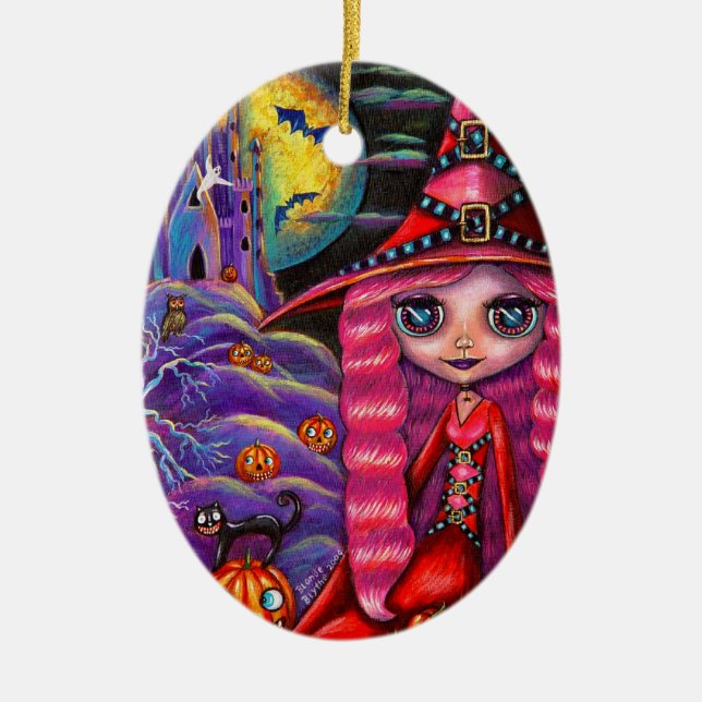 Ornamento De Cerâmica Pink Halloween Witch Ornament (Frente)