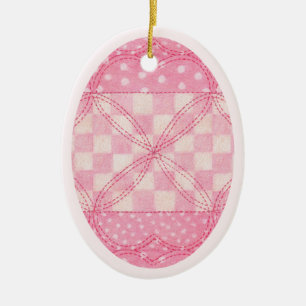 Ornamento De Cerâmica PINK HEART QUILT Cerâmica Oval Ornament / Rosa