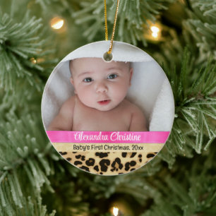 Ornamento De Cerâmica Pink Leopard Girl Baby First Christmas Photo