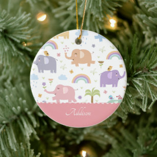 Ornamento De Cerâmica Pink Pastel Elephant Patterna Little Girl Christma